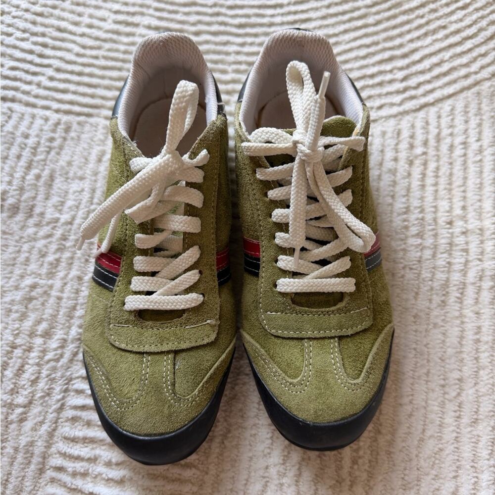 Lacoste Olive Green Suede Sneakers with White Laces and Red-Black Stripe